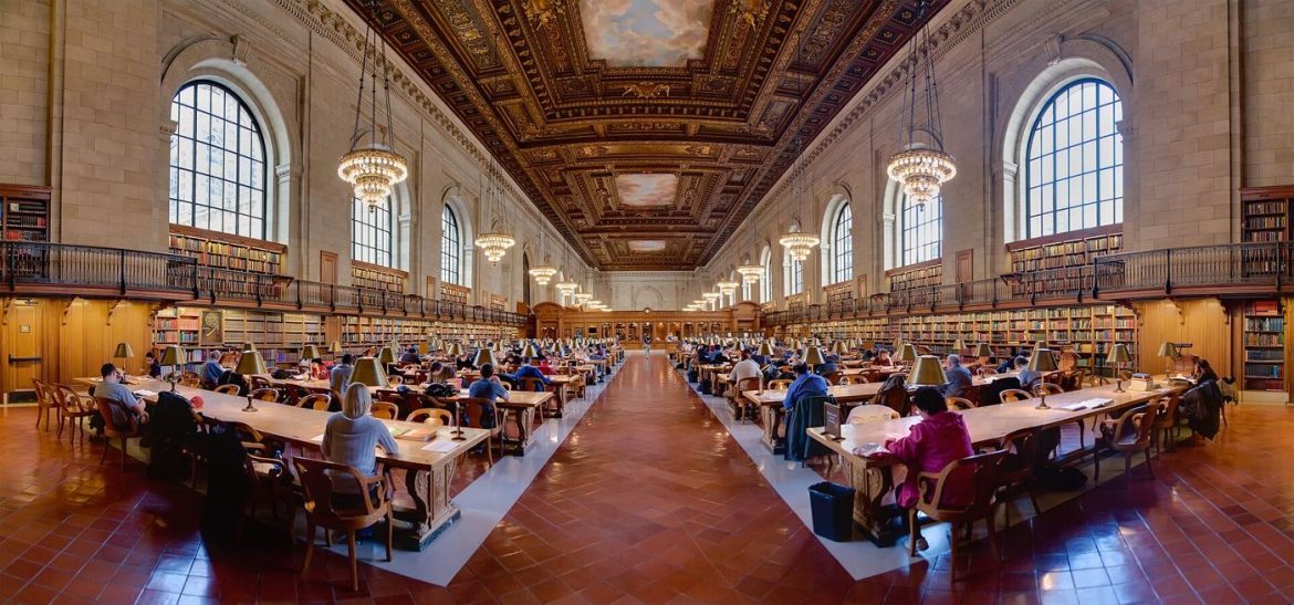 people studying in a public library reading room